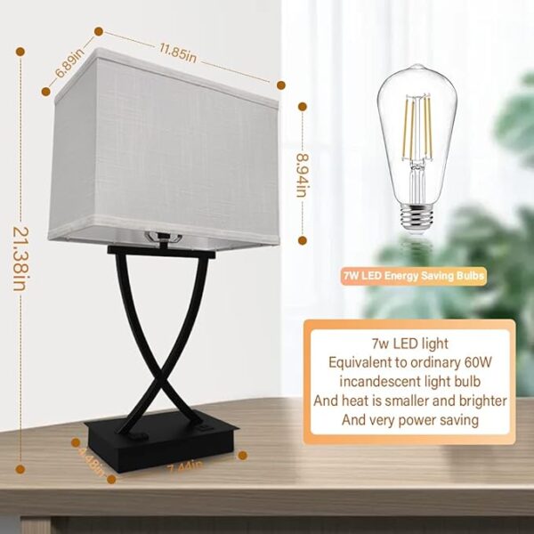 3-Way Dimmable Touch Control Medium Table Lamp with Type C/USB Charging Port and 1 AC Outlet White Shade 21.38" Bedside Nightstand Lamp for Bedroom Living Room Office and Hotel Bulb Included - Image 3