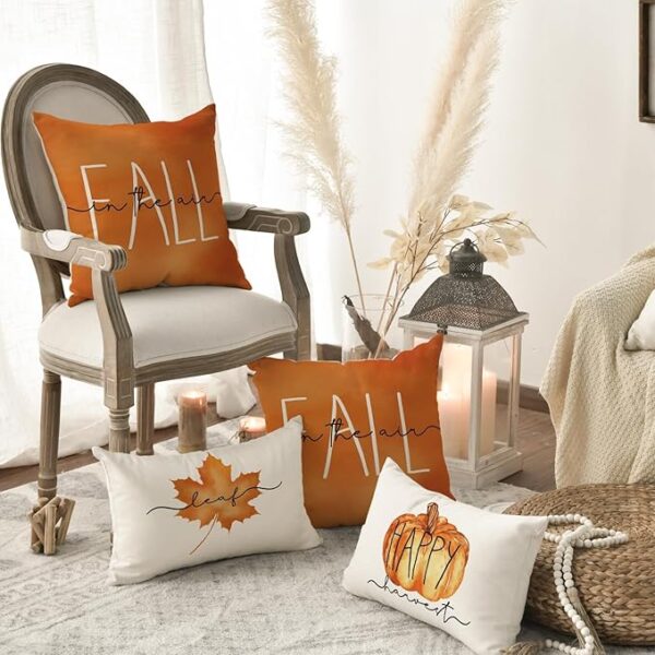 AVOIN colorlife Hello Pumpkin Fall Happy Harvest Maple Leaf Throw Pillow Covers, 18 x 18 Inch Pillows Autumn Seasonal Cushion Case for Sofa Couch Set of 4 - Image 4