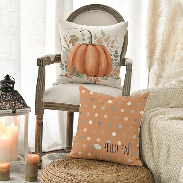 AVOIN colorlife Hello Fall Hello Pumpkin Throw Pillow Covers, 18 x 18 Inch Autumn Thanksgiving Harvest Orange Eucalyptus Decorations for Sofa Couch Set of 4 - Image 5