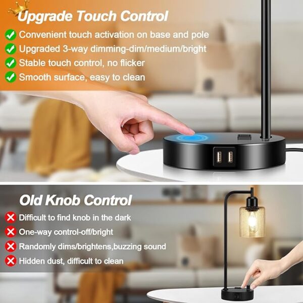 Set of 2 Industrial Touch Control Table Lamps with 2 USB Ports and AC Outlet - 3-Way Dimmable Black Bedside Lamps Nightstand Desk Lamps for Bedroom Living Room, Glass Shade & 2 LED Bulbs Included - Image 6