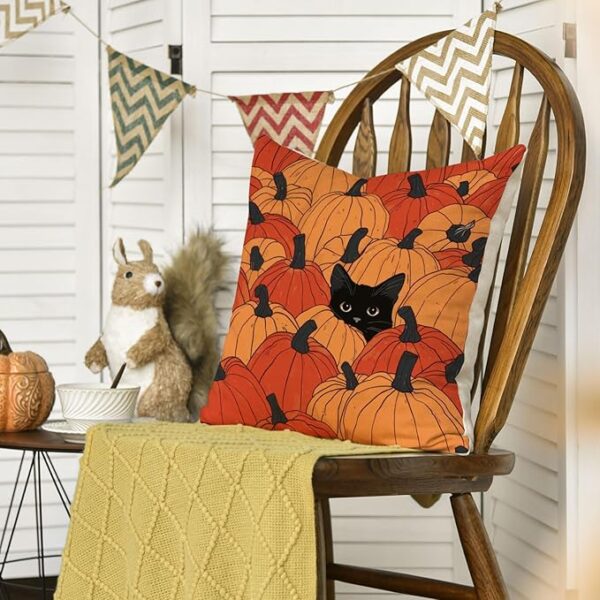 AVOIN colorlife Fall Pumpkins Throw Pillow Cover 18x18 Inch, Black Cat Seasonal Autumn Thanksgiving Harvest Decoration for Sofa Couch Farmhouse - Image 5