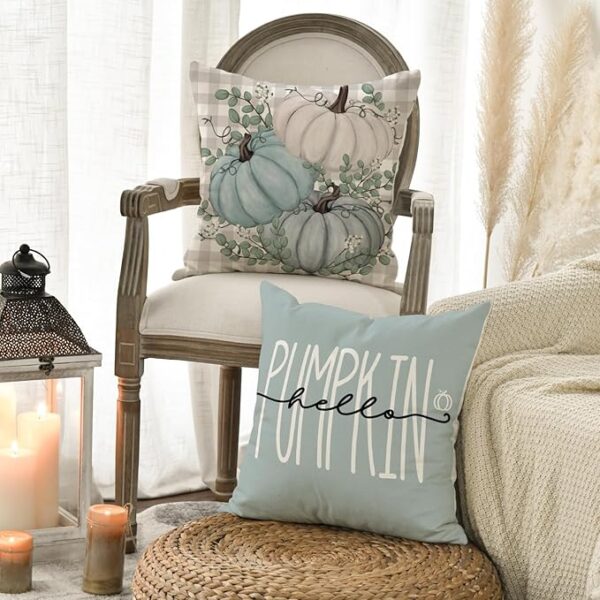 AVOIN colorlife Hello Pumpkin Give Thanks Throw Pillow Covers 18x18 Set of 4, Fall Autumn Thanksgiving Eucalyptus Leaves Harvest Decoration for Home - Image 3