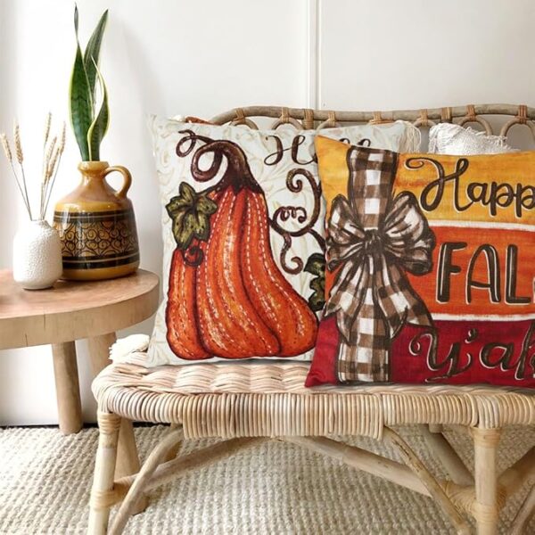 4pcs Fall Thanksgiving Pillow Covers 18x18in, Pumpkin Happy Fall Thankful Grateful Blessed Harvest Leaves Decorations Autumn Seasonal Throw Cushion Case for Farmhouse Home Sofa Couch - Image 2