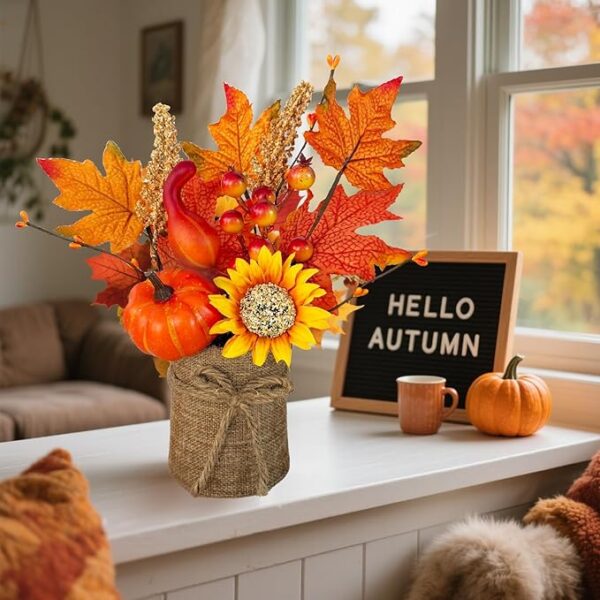 [2-Style & Light Timer] 2 Pack 13 Inch Fall Decor Table Centerpiece with Lights 20LED Maple Arrangement Potted Pumpkin Sunflower in Burlap Fall Decorations for Home Kitchen Office Autumn Thanksgiving - Image 5