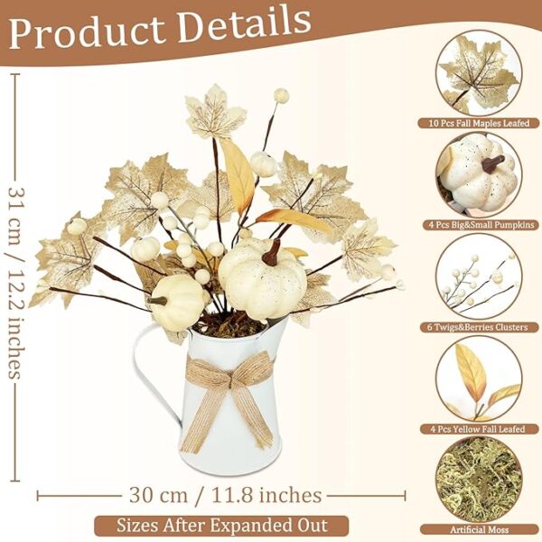 [Light & Timer] Fall Decor Table Centerpiece Potted White Maple Arrangement in Metal Pitcher Neutral Rustic Artificial White Pumpkin Berries Fall Decoration for Home Mantel Autumn Thanksgiving Wedding - Image 2