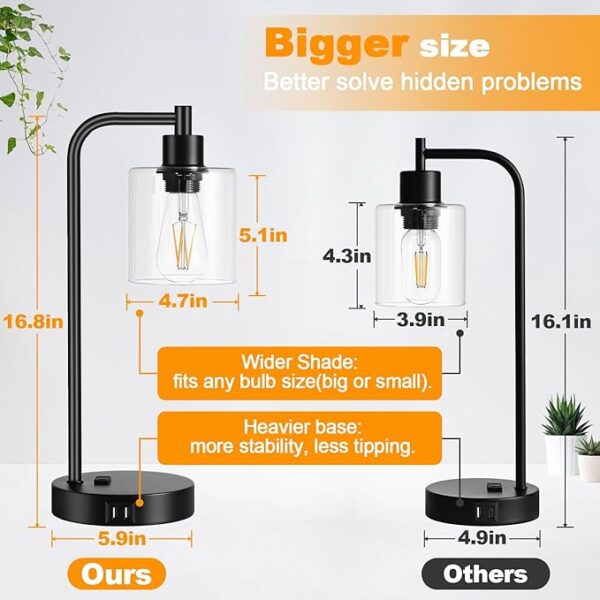 Set of 2 Industrial Touch Control Table Lamps with 2 USB Ports and AC Outlet - 3-Way Dimmable Black Bedside Lamps Nightstand Desk Lamps for Bedroom Living Room, Glass Shade & 2 LED Bulbs Included - Image 4