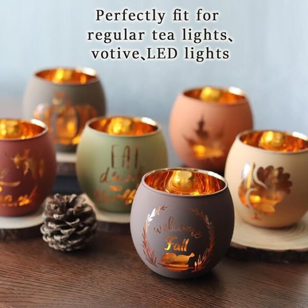 Thanksgiving Votive Candle Holder Set of 6, Glass Votives Holder with 6 Laser Engraving Patterns, Tealight Holders Bulk for Fall Table Centerpiece Decor - Image 5