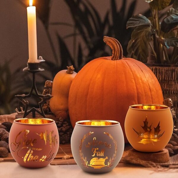 Thanksgiving Votive Candle Holder Set of 6, Glass Votives Holder with 6 Laser Engraving Patterns, Tealight Holders Bulk for Fall Table Centerpiece Decor - Image 2