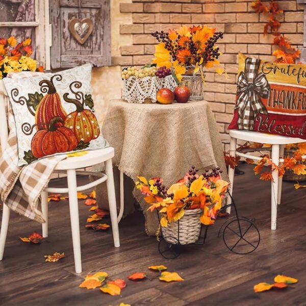 4pcs Fall Thanksgiving Pillow Covers 18x18in, Pumpkin Happy Fall Thankful Grateful Blessed Harvest Leaves Decorations Autumn Seasonal Throw Cushion Case for Farmhouse Home Sofa Couch - Image 3