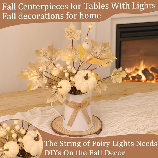 [Light & Timer] Fall Decor Table Centerpiece Potted White Maple Arrangement in Metal Pitcher Neutral Rustic Artificial White Pumpkin Berries Fall Decoration for Home Mantel Autumn Thanksgiving Wedding - Image 5