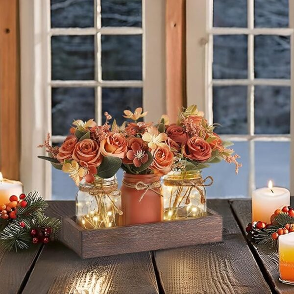 Mkono Mason Jar Lights Centerpiece Table Decorations for Dining Room Farmhouse Coffee Table Decor Tray with 3 Jars Flowers Centerpieces Fall Decor for Kitchen Living Dining Room, Orange - Image 3