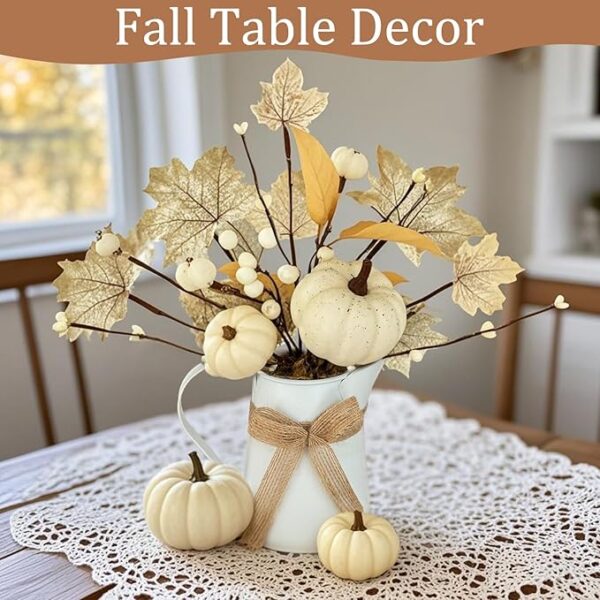 [Light & Timer] Fall Decor Table Centerpiece Potted White Maple Arrangement in Metal Pitcher Neutral Rustic Artificial White Pumpkin Berries Fall Decoration for Home Mantel Autumn Thanksgiving Wedding - Image 3