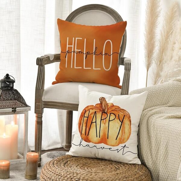 AVOIN colorlife Hello Pumpkin Fall Happy Harvest Maple Leaf Throw Pillow Covers, 18 x 18 Inch Pillows Autumn Seasonal Cushion Case for Sofa Couch Set of 4 - Image 5