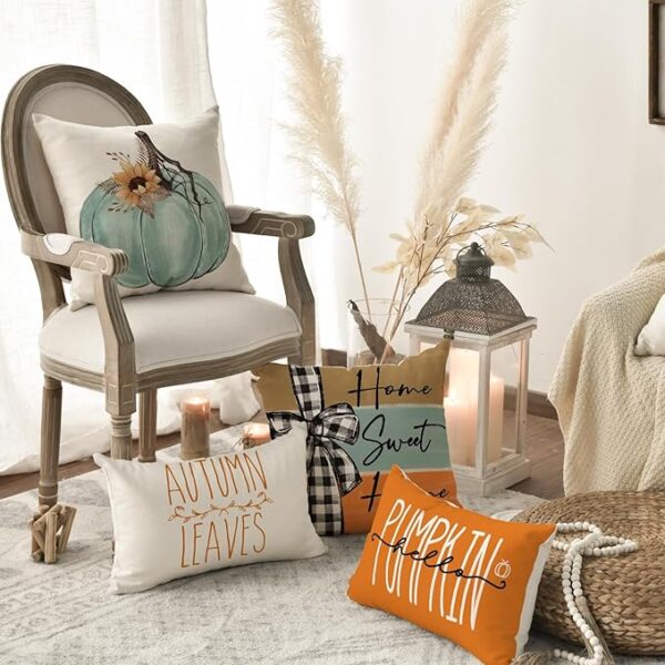 AVOIN colorlife Fall Pumpkin Home Sweet Home Throw Pillow Covers, 18 x 18 Inch Autumn Thankful Grateful Blessed Harvest Floral Decorations for Sofa Couch Set of 4 - Image 3