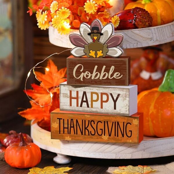 4 Pcs Fall Decorations for Home Thanksgiving Tiered Tray Decor Fall Table Decor Thanksgiving Centerpiece Rustic Wooden Turkey Block Sign for Autumn Harvest Party Table Kitchen Shelf - Image 2