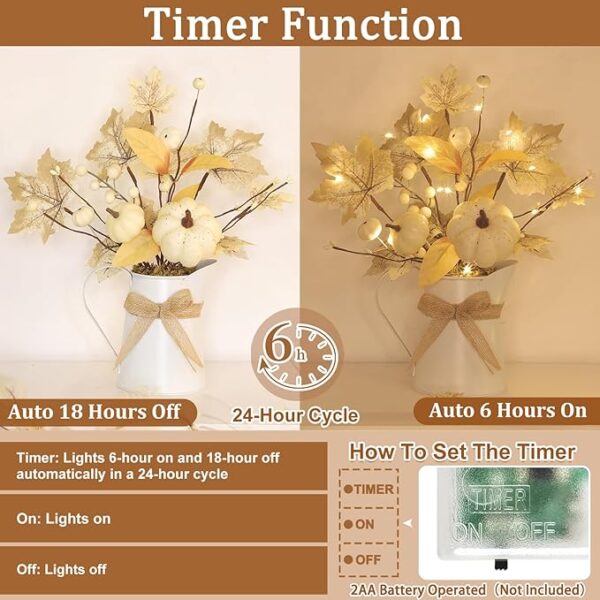 [Light & Timer] Fall Decor Table Centerpiece Potted White Maple Arrangement in Metal Pitcher Neutral Rustic Artificial White Pumpkin Berries Fall Decoration for Home Mantel Autumn Thanksgiving Wedding - Image 4