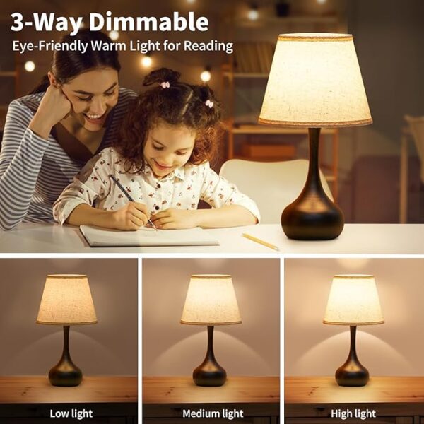 ONEWISH Touch Bedside Lamp for Bedroom, 3-Way Dimmable Farmhouse Table Lamps for Nightstand with Fabric Shade, Desk Lamp for Kids Reading, Home Office - Image 2