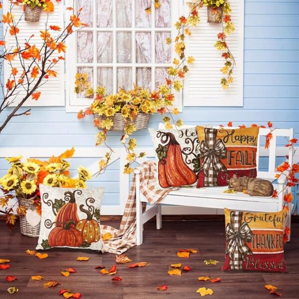 4pcs Fall Thanksgiving Pillow Covers 18x18in, Pumpkin Happy Fall Thankful Grateful Blessed Harvest Leaves Decorations Autumn Seasonal Throw Cushion Case for Farmhouse Home Sofa Couch - Image 4