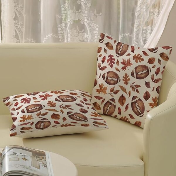 Fall Pillow Covers 18x18 Inch 2 Pcs Brown Football Maple Leaves Decor Throw Pillows Autumn Leaf Thanksgiving Harvest Outdoor Seasonal Decoration Pillowcase Linen Cushion Cover for Couch Sofa - Image 4