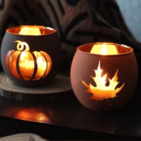 Thanksgiving Votive Candle Holder Set of 6, Glass Votives Holder with 6 Laser Engraving Patterns, Tealight Holders Bulk for Fall Table Centerpiece Decor - Image 3