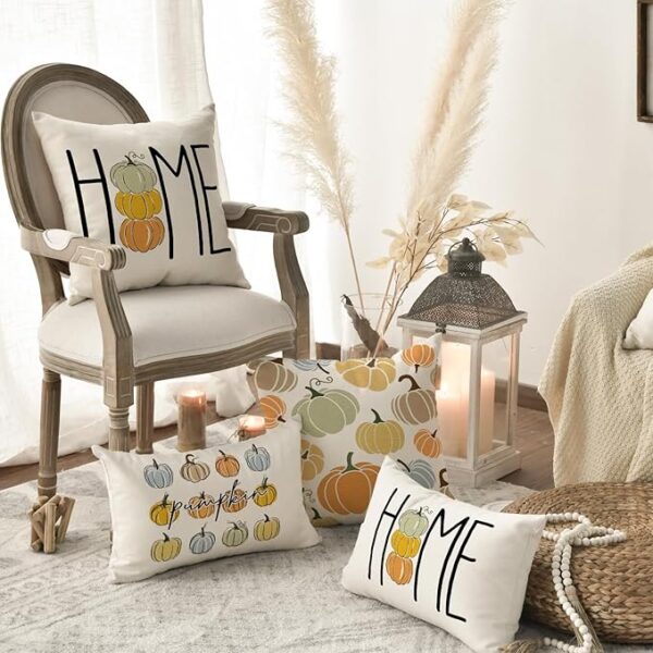 AVOIN colorlife Fall Home Pumpkins Throw Pillow Covers, 18 x 18 Inch Pillow Cases Autumn Seasonal Cushion Case for Sofa Couch Set of 4 - Image 4