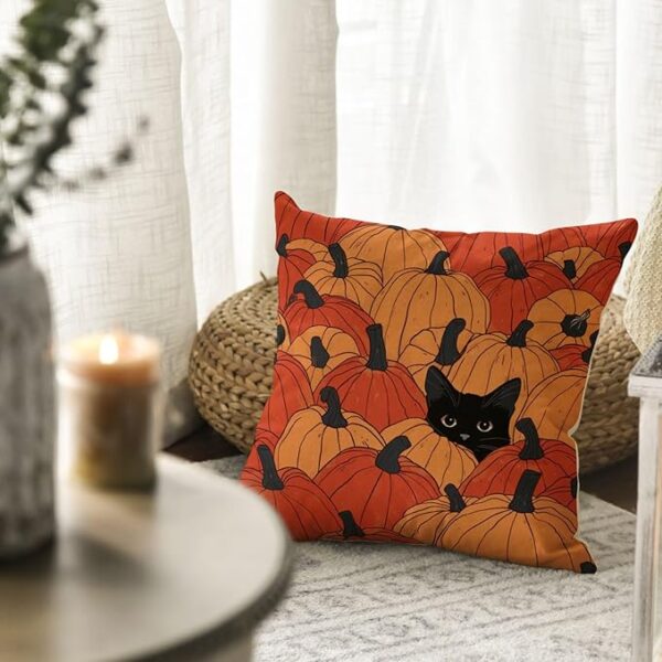AVOIN colorlife Fall Pumpkins Throw Pillow Cover 18x18 Inch, Black Cat Seasonal Autumn Thanksgiving Harvest Decoration for Sofa Couch Farmhouse - Image 2