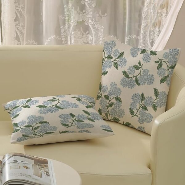 Spring Pillow Covers 20x20 Inch 2 Pcs Navy Blue Sage Green Hydrangea Flower Decor Throw Pillows Vintage Floral Seasonal Summer Outdoor Decoration Pillowcase Linen Cushion Cover for Couch Sofa - Image 4