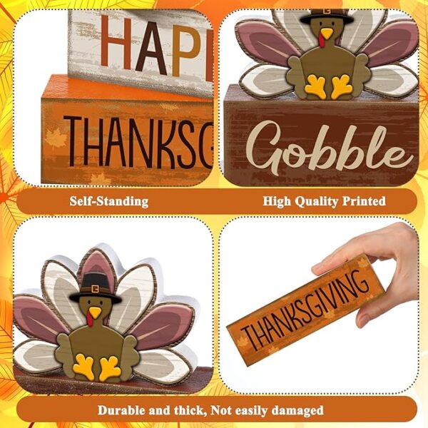 4 Pcs Fall Decorations for Home Thanksgiving Tiered Tray Decor Fall Table Decor Thanksgiving Centerpiece Rustic Wooden Turkey Block Sign for Autumn Harvest Party Table Kitchen Shelf - Image 5