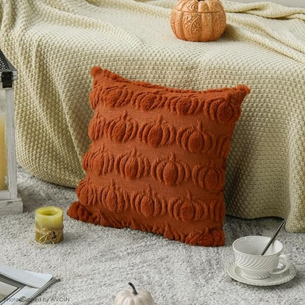 AVOIN colorlife Fall Pumpkin Caramel Throw Pillow Covers, 18 x 18 Inch Seasonal Autumn Thanksgiving Harvest Decoration Soft Plush Faux Fur Jacquard Cushion Case Decoration for Sofa Couch Set of 2 - Image 6