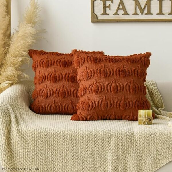 AVOIN colorlife Fall Pumpkin Caramel Throw Pillow Covers, 18 x 18 Inch Seasonal Autumn Thanksgiving Harvest Decoration Soft Plush Faux Fur Jacquard Cushion Case Decoration for Sofa Couch Set of 2 - Image 2
