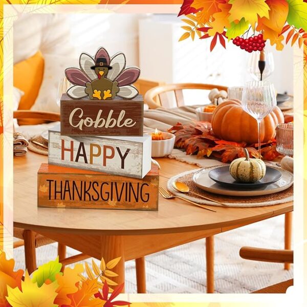 4 Pcs Fall Decorations for Home Thanksgiving Tiered Tray Decor Fall Table Decor Thanksgiving Centerpiece Rustic Wooden Turkey Block Sign for Autumn Harvest Party Table Kitchen Shelf - Image 4