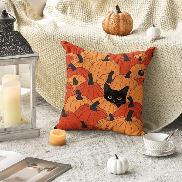 AVOIN colorlife Fall Pumpkins Throw Pillow Cover 18x18 Inch, Black Cat Seasonal Autumn Thanksgiving Harvest Decoration for Sofa Couch Farmhouse - Image 3