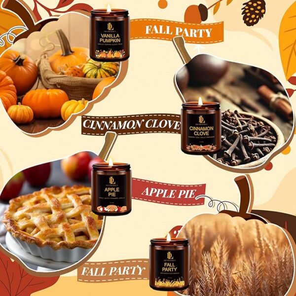 Fall Candle Set, Fall Scented Candles for Home, 4 Pack Soy Candle Set, Autumn Gifts for Women Men, Autumn Scents of Vanilla Pumpkin/Cinnamon Clove/Apple Pie/Fall Party - Image 2
