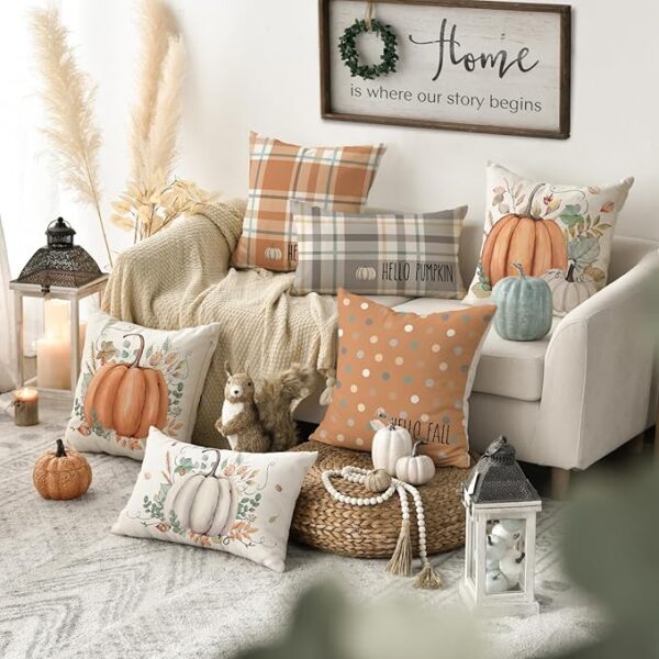 AVOIN colorlife Hello Fall Hello Pumpkin Throw Pillow Covers, 18 x 18 Inch Autumn Thanksgiving Harvest Orange Eucalyptus Decorations for Sofa Couch Set of 4 - Image 2