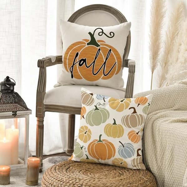 AVOIN colorlife Fall Home Pumpkins Throw Pillow Covers, 18 x 18 Inch Pillow Cases Autumn Seasonal Cushion Case for Sofa Couch Set of 4 - Image 5