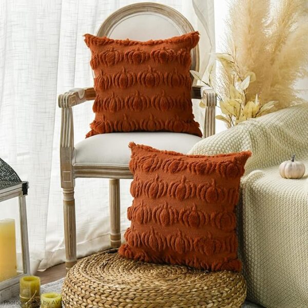 AVOIN colorlife Fall Pumpkin Caramel Throw Pillow Covers, 18 x 18 Inch Seasonal Autumn Thanksgiving Harvest Decoration Soft Plush Faux Fur Jacquard Cushion Case Decoration for Sofa Couch Set of 2 - Image 5