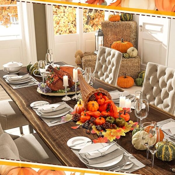 Cornucopia Basket Set Fall Large Cornucopia Centerpieces Horn of Plenty Fall Harvest Decorations with 100 Pcs Artificial Leave Acorn Pumpkin Decoration for Home Thanksgiving Table(Classic) - Image 4