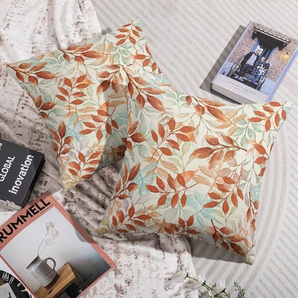 Fall Pillow Covers 18X18 Set of 2, Burnt Orange Autumn Colored Leaves Harvest Throw Pillowcases Colorful Holiday Theme Seasonal Outdoor Farmhouse Cushion Cover Couch Sofa Bed Home Decor - Image 5