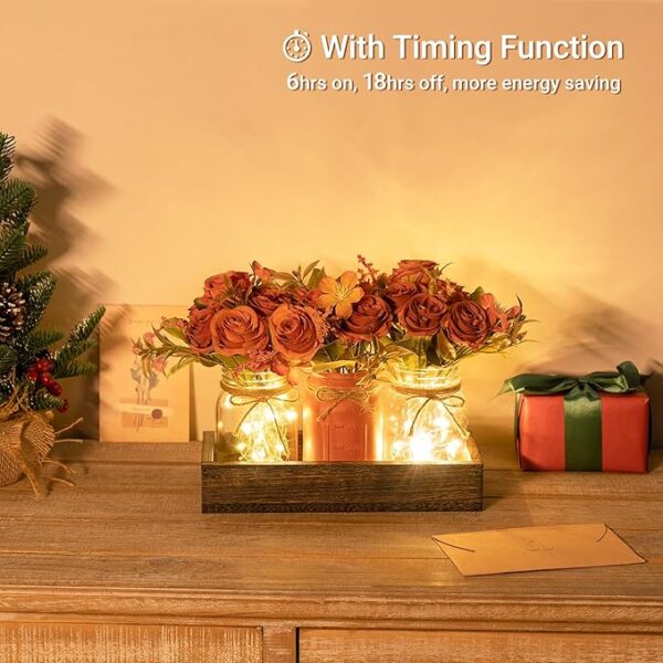 Mkono Mason Jar Lights Centerpiece Table Decorations for Dining Room Farmhouse Coffee Table Decor Tray with 3 Jars Flowers Centerpieces Fall Decor for Kitchen Living Dining Room, Orange - Image 2