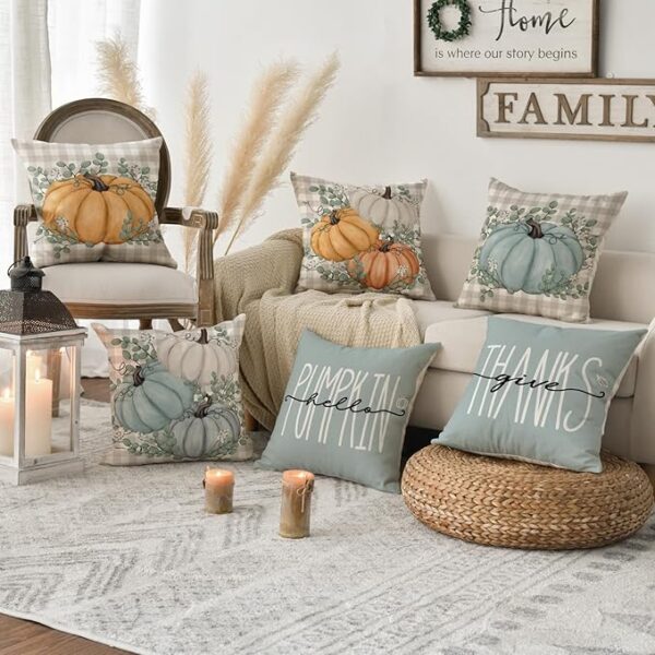 AVOIN colorlife Hello Pumpkin Give Thanks Throw Pillow Covers 18x18 Set of 4, Fall Autumn Thanksgiving Eucalyptus Leaves Harvest Decoration for Home - Image 5