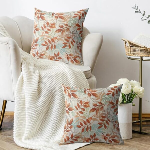 Fall Pillow Covers 18X18 Set of 2, Burnt Orange Autumn Colored Leaves Harvest Throw Pillowcases Colorful Holiday Theme Seasonal Outdoor Farmhouse Cushion Cover Couch Sofa Bed Home Decor - Image 3