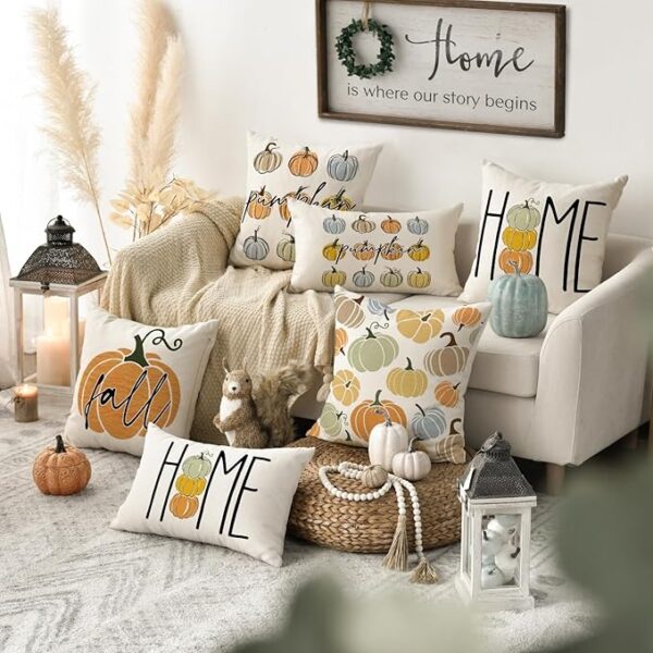 AVOIN colorlife Fall Home Pumpkins Throw Pillow Covers, 18 x 18 Inch Pillow Cases Autumn Seasonal Cushion Case for Sofa Couch Set of 4 - Image 2