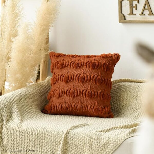 AVOIN colorlife Fall Pumpkin Caramel Throw Pillow Covers, 18 x 18 Inch Seasonal Autumn Thanksgiving Harvest Decoration Soft Plush Faux Fur Jacquard Cushion Case Decoration for Sofa Couch Set of 2 - Image 3