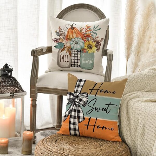 AVOIN colorlife Fall Pumpkin Home Sweet Home Throw Pillow Covers, 18 x 18 Inch Autumn Thankful Grateful Blessed Harvest Floral Decorations for Sofa Couch Set of 4 - Image 4