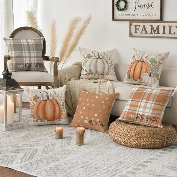 AVOIN colorlife Hello Fall Hello Pumpkin Throw Pillow Covers, 18 x 18 Inch Autumn Thanksgiving Harvest Orange Eucalyptus Decorations for Sofa Couch Set of 4 - Image 3