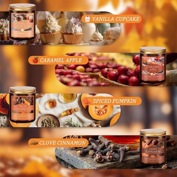 Fall Candles Set, 4 Pack Candles for Home Scented Natural Soy Wax, Autumn Gifts Set for Women Men, Fall Fragrance of Pumpkin/Cinnamon/Vanilla Cupcake/Apple - Image 3