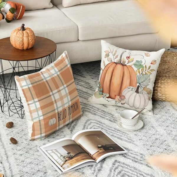 AVOIN colorlife Hello Fall Hello Pumpkin Throw Pillow Covers, 18 x 18 Inch Autumn Thanksgiving Harvest Orange Eucalyptus Decorations for Sofa Couch Set of 4 - Image 4