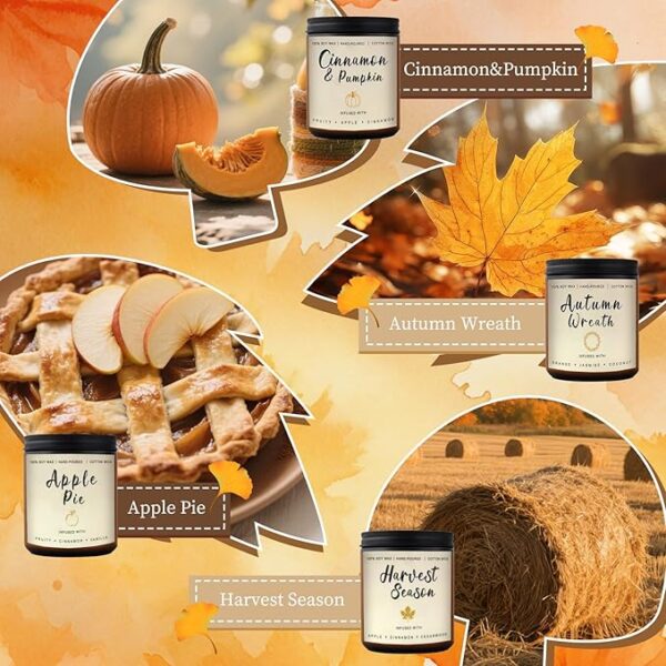 Fall Candles Gift Set – 4 Pack Scented Soy Candles for Home, Autumn Decor, Fall Decorations, Pumpkin Spice, Apple Pie, Cinnamon, Harvest – Great for Halloween & Thanksgiving Gifts - Image 3