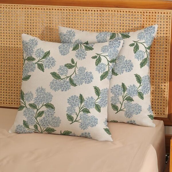 Spring Pillow Covers 20x20 Inch 2 Pcs Navy Blue Sage Green Hydrangea Flower Decor Throw Pillows Vintage Floral Seasonal Summer Outdoor Decoration Pillowcase Linen Cushion Cover for Couch Sofa - Image 2