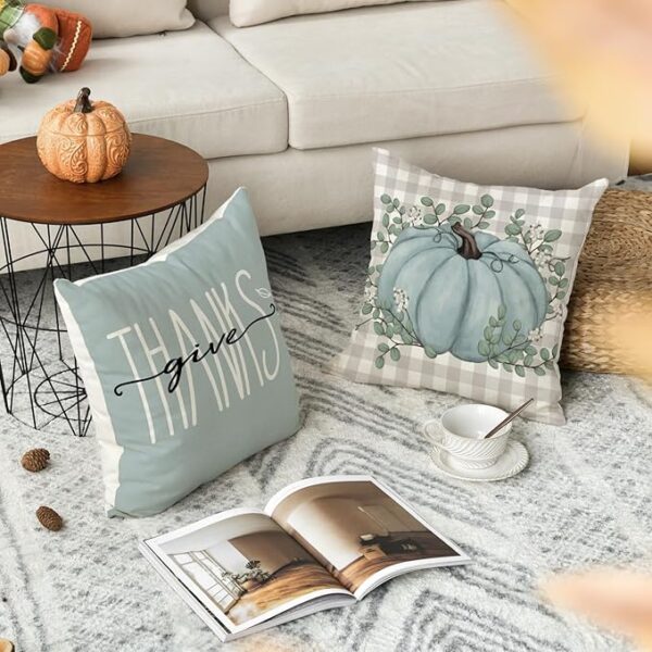 AVOIN colorlife Hello Pumpkin Give Thanks Throw Pillow Covers 18x18 Set of 4, Fall Autumn Thanksgiving Eucalyptus Leaves Harvest Decoration for Home - Image 2